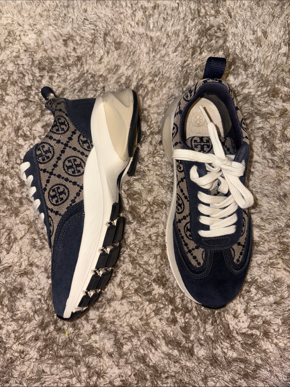 Tory Burch Navy and Cream Logo Jacquard Lace-Up Sneakers